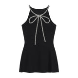 Girlary High Street Sexy Split Solid Color All Match Camisole Women 2024 Summer New Korean Rhinestone Bow Splicing Casual Knitted Tops