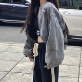 Girlary Y2k Grunge Cross Crop Grey Denim Jackets Women Hippie Streetwear 90s Oversize Zip Jackets Harajuku Kpop Coat Female