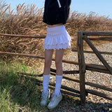 Girlary Pleated Skirts Korean White Mini Skirt Women Autumn Y2k Double Layer Ruffle Patchwork Cute Casual High Waist Pleated Short Skirt