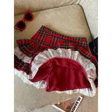 Girlary Kawaii Ruffle Lace Plaid Skirts Women Sweet Elegant Mini Skirt Cutecore Autumn Winter Patchwork A-line Short Skirts