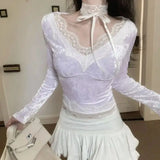 Girlary V-Neck Top Lace Chic Shirt Women Autumn Winter Retro Lace Splicing Long Sleeves Slim Short Y2k Party Club