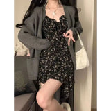 Girlary Black Floral Print Ssling Dresses Women Summer Vintage Spaghetti Strap Mini Dress Female Elegant Slim Ruffles A-Line Dress