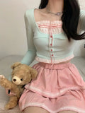 Girlary Summer Women Fashion Sexy Gyaru Outfits 2 Piece Set Fake Two Pieces Long Sleeve Tops + Mini Skirts Ball Gown 2000s Aesthetic