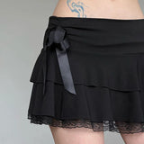 Girlary Goth Dark Y2k Bow Lace Trim A-line Party Mini Skirts Mall Gothic Ruffles Low Waist Black Skirt Women Lolita Fashion Streetwear