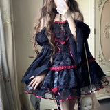 Girlary Gothic Lolita Jsk Dresses Victorian Women Elegant Lace Halter Neck Dark Mini Dress Girls Punk Y2K Halloween Holiday Party Dress