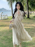 Girlary French Elegant Bow Ruffle Midi Dress Beading O-neck Lantern Sleeve Slim A-line Vestidos Vintage Evening Party Robe Women Autumn