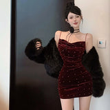 Girlary Women Red Diamonds Polka Dot Velvet Pleated Sling Mini Dress Elegant Dresses for Special Events Autumn Winter Bodycon Dress