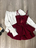 Girlary France Sweet Slim Lace 3-piece Set Women Fashion Elegant Off Shoulder White Long Sleeve Lining + Red Bow Sling Dress Female New