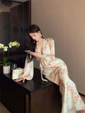 Girlary Spring Summer Floral Satin Long Sleeve V-Neck Dress Women Luxury Elegant Ruffled Mermaid Dress Korean Bodycon Evening Dress