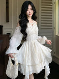 Girlary Off-shoulder Halterneck Ruffles Mini Dress Women Autumn Solid Fairycore Long Sleeve A-line Pleated Vestidos Elegant French Mujer