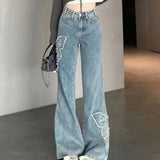 Girlary Vintge Embroidery Butterfly Flare Pants Y2k E-Girl High Waist Bell Bottom Jeans Summer New Straight Wide Leg