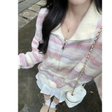 Girlary Autumn Chic Fashion Rainbow Striped Turn Down Collar Women Sweater Contrast Color Sweet Knitted Cardigan Tops Mujer