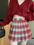 Girlary Mini Pleated Skirts Vintage Women Plaid Chic Daily Office Lady High Waist Slim Bodycon Retro New Autumn Casual