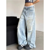 Girlary High Waist Ripped Women's Blue Jeans Hip-hop Style Fashion Vintage Streetwear Y2K Wide Leg Jean 2024 Trouser Baggy Denim Pants