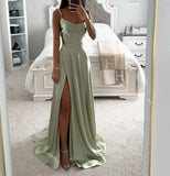 Girlary Women's Spaghetti Straps Silk Prom Dresses with Slit Halter Ruched Aline Formal Evening Gowns Sweet Spring Bridesmaid Dress