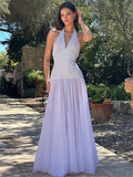 Girlary V-Neck Summer Fashion Maxi Dress For Women Contrast Patchwork See-Through Elegant Dress Slim Backless Lace-Up Long Dress