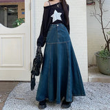 Girlary Women Denim Long Skirt Harajuku Y2k 2000s Vintage Skirts 90s Aesthetic Streetwear Fashion Korean Style A-Line Jean Skirt Clothes