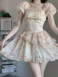 Girlary Floral Princess Dress Bubble Sleeve Waist Slim Dress Birthday Party On The Run Princess Puffy Dress Original Sweet Women Dresses