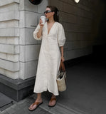 Girlary Elegant Beige Women Linen Dress Puff Sleeve Long Backless Button Dress Ladies V-Neck Cotton Dress Soft Fashion