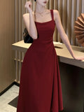 Girlary Elegant Summer Solid Midi Dress Women Spaghetti Strap Square Collar High Waist Slim Evening Party Dresses Prom Robe Vestido New