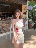 Girlary Aesthetic Sexy Party One Piece Dress Women Sleeveless Y2k Flower Elegant Mini Dress Female Lace Korea Princess Fairy Dresses New