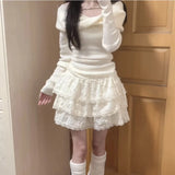 Girlary Kawaii Ruffle Mini Skirt Sweet Lace Japanese Patchwork Cake Skirt Women Cutecore Lolita Short Skirts Aesthetics Fashion