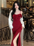 Girlary Elegant Off Shoulder Spaghetti Strap Dress Slash Neck Split Evening Party Prom Dresses Ruffles Bodycon Vestidos Female Outfits