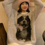 Girlary Loose Sweater Jacquard Puppy Round Neck Lazy Autumn Winter New Sweater Pullover Joker Fashion Top