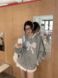 Girlary Bow Knot Splicing Lace Hoodie Coat Women Clothing Autumn New Loose Casual Long Sleeve Gray Zipper Cardigan Hoodies Women Tops