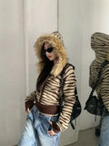 Girlary cute winter outfits Korean Retro Fur Collar Leopard Print Hooded Knit Cardigan Women's Y2K Autumn And Winter New Harajuku Niche Casual Joker Coat