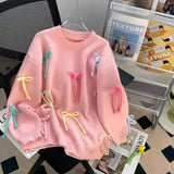 Girlary Korean Fashion Loose Bow Pink Sweater Women Autumn Winter Long Lazy Style Luxurious Gentle Knitted Pullover Top