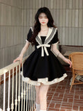 Girlary Summer Dress For Women Harajuku Preppy Style School Casual Sailor Collar Puff Sleeve Wrap Short Dresses