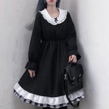 Girlary Japanese Kawaii Black Women Dress Spring Summer V-Neck High Waist Slimming Sweet Lolita Dresses Kawaii Ladies Dresses Vestidos