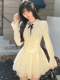 Girlary French Elegant Lace Mini Dress Women Autumn Turn-down Collar Lace-up Bow Long Sleeve Slim Waist A-line Pleated Vintage Mujer