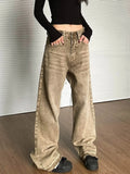 Girlary Brown 2024 Women Jeans High Waist Fashion American Vintage Streetwear Y2K Wide Leg Jean Female Denim Trouser Baggy Denim Pants