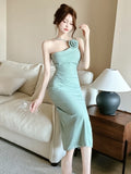 Girlary Korean Elegant Party Sleeveless Midi Dresses for Women Summer New Bodycon Backless Split Evening Birthday Female Clothing