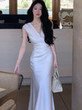 Girlary Elegant V-Neck Slim Midi Dresses For Women Sleeveless  Fashion Sexy Party Prom Female Clothes Summer