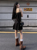 Girlary 2024 Y2k Aesthetic V Neck Black Women Slip Dress Vintage Grunge Slim Harajuku Sexy Belt Dresses Pleated Streetwear Vestido