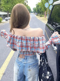 Girlary Blouses Retro Contrasting Plaid One Shoulder Long Sleeved Shirt Women Autumn Ruffles Stylish Versatile Streetwear Fashion Top