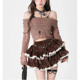 Girlary Brown Kawaii Corduroy Skirt Women Korean Style Sweet Cake Mini Skirt Lace Spliced Black High Waist Ruffle Short Skirts