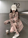 Girlary Pink Plaid Shirt Women Cross Button Up Blouses Female High Street Long Sleeve Tops Hippie Autumn Oversize Streetwear Ins