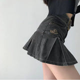 Girlary Denim Pleated Mini Skirt Vintage Sexy High Waist A-line Belt Women Embroidery Jean Short Skirt Summer Japanese Y2k