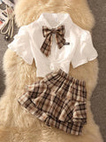 Girlary 2024 Casual Preppy 2 Piece Set Women French Bow Polo-neck White Blouse + Retro Plaid Design A-line Mini Skirts Japanese Style