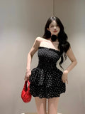 Girlary Black Polka Dot Strapless Dress Pure Desire Elastic Chest High Waist Mini Dresses Sexy Contrast A Line Women Clothing