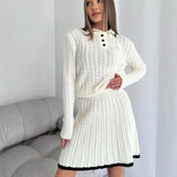 Girlary Women's Solid Knitted Pullover Skirt Sets Turndown Collar Sweater Long Sleeve Slim Sweaters with Short Skirts Elegant Women Sets