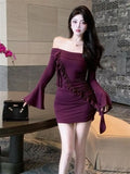 Girlary Mini Dresses Women Elegant Diagonal Collar Slim Flare Long Sleeve Ruffles Sexy Ruched Party Dress Ladies Clubwear