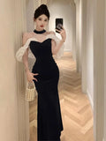 Girlary Sexy Off Shoulder Evening Party Dress French Elegant Bodycon Velvet Sleeveless Vestidos Robe Women Mesh Patchwork Clothes Summer