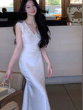 Girlary Elegant V-Neck Slim Midi Dresses For Women Sleeveless  Fashion Sexy Party Prom Female Clothes Summer