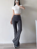 Girlary New High Waisted Button Solid Slim Straight Leg Pants Women Spicy Girl Fashion Casual Versatile Micro Flared Pants