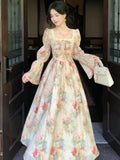 Girlary French Printed Floral Midi Long Dress Women Autumn Square Collar Lantern Sleeve Lace-up Midi Vestidos Elegant One Piece Clothing